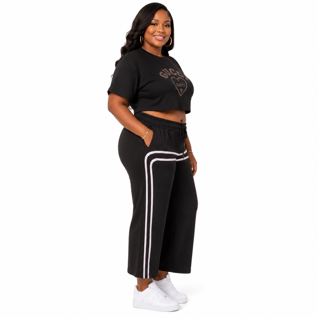 Two Piece Black Cropped Top and Wide Leg Pants Outfit